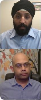 Split screen with photos of two men, top and bottom, facing the camera on video conferences