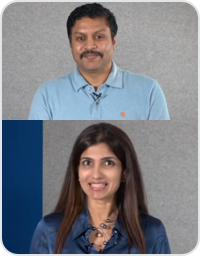 Man and woman in blue shirts