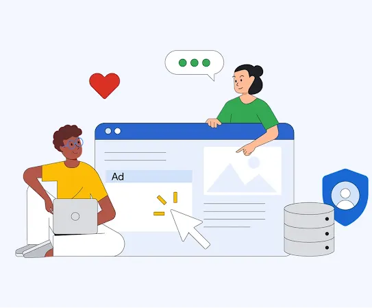 Ilustrace dvou lidí, kteří bez obav sdílejí informace online a&nbsp;jsou přitom chráněni pokročilou technologií
