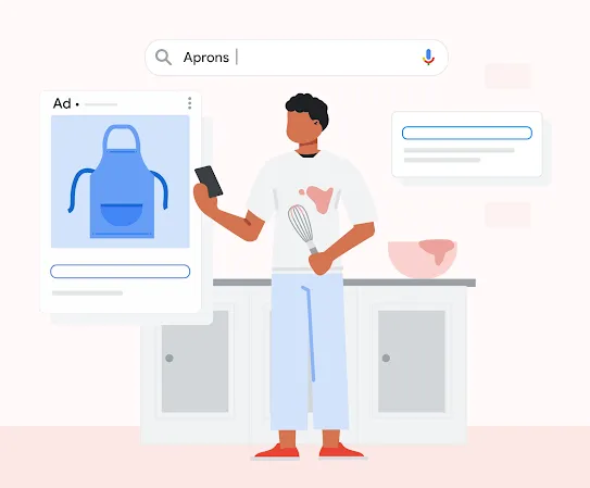 Ilustrace muže, který používá Vyhledávání Google na telefonu v&nbsp;kuchyni, s&nbsp;reklamou na kuchařskou zástěru.