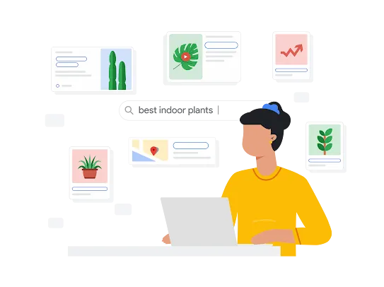 Illustration of a person searching for best indoor plants on Google